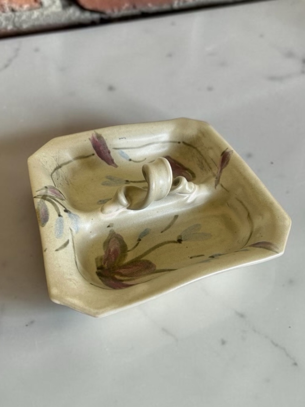 Vintage Divided Pottery Dish - Signed Coral